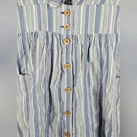 Roxy Blue White Stripe Tie Front Button Front Mini Dress Pockets Size M NWT‎